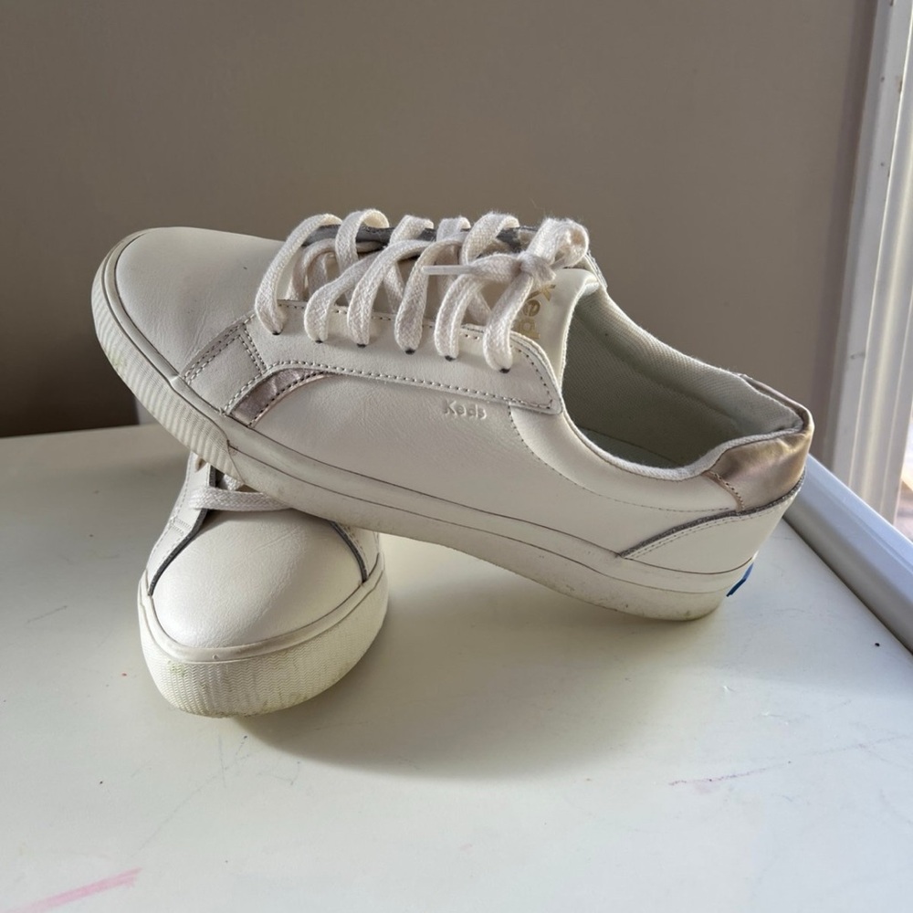 White Keds sneakers with rose gold accents!